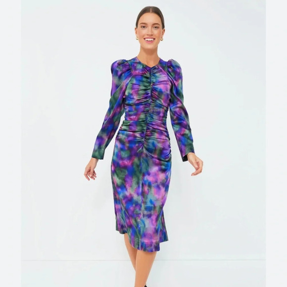 GANNI Simply Purple Silk Stretch Satin Midi Dress 34 NWOT